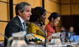 IAEA Director General Rafael Mariano Grossi briefs the Board of Governors in Vienna.