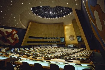 Interior view of the empty General Assembly hall at the United Nations Headquarters in New York.