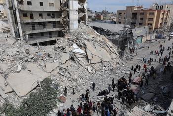 A residential block in the Al-Shaboura neighborhood in the city of Rafah, lies in ruins.