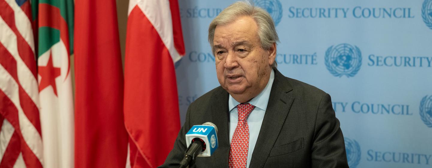 Le secrétaire général de ONU, António Guterres, s'exprime sur un podium lors d'une réunion du Conseil de sécurité de ONU à New York.