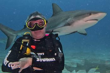 Gabriel Grimsditch, UNEP programme management officer, is doing fun dives with Caribbean reef sharks in the Bahamas.