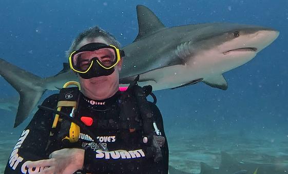 Gabriel Grimsditch, UNEP programme management officer, is doing fun dives with Caribbean reef sharks in the Bahamas.