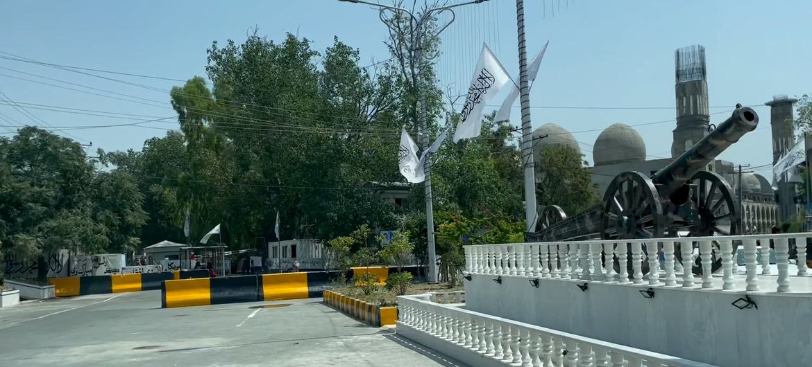 Flags of the de facto Taliban authorities fly outside the Governor’s compound in Jalalabad, Afghanistan.