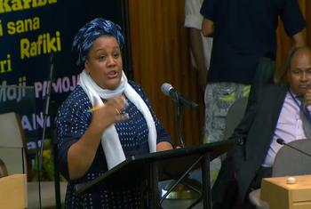 Profesa Iddah, Mgeni Rasmi akizungumza wakati wa maadhimisho ya tatu ya Siku ya Lugha ya Kiswahili Duniani katika makao makuu ya Umoja wa Mataifa.