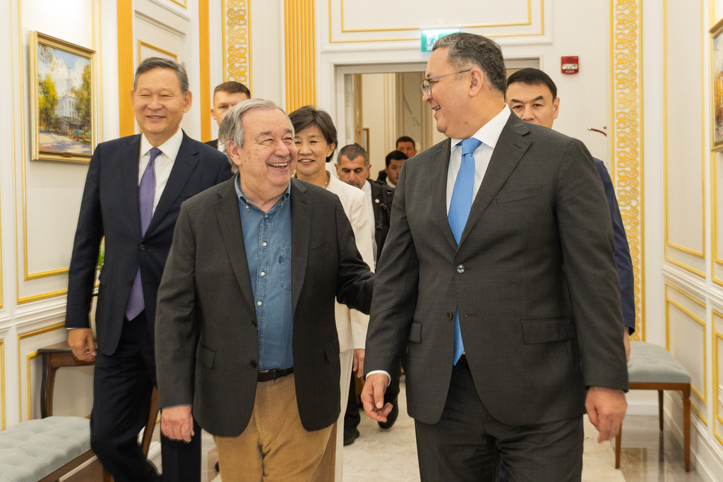 UN Secretary-General António Guterres (centre), alongside Deputy Prime Minister and Minister of Foreign Affairs Murat Nurtleu (left), and Permanent Representative of Kazakhstan to the UN Kairat Umarov (right), arriving in Almaty, Kazakhstan. UN Secretary-General António Guterres (centre), alongside Deputy Prime Minister and Minister of Foreign Affairs Murat Nurtleu (left), and Permanent Representative of Kazakhstan to the UN Kairat Umarov (right), arriving in Almaty, Kazakhstan.