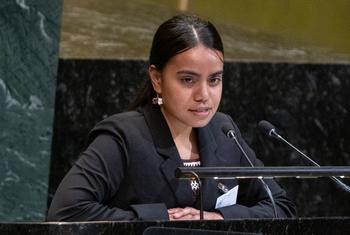 Youth representative Oemwa Johnson of Kiribati addresses the UN General Assembly's High-level meeting to commemorate and promote the International Day against Nuclear Tests.