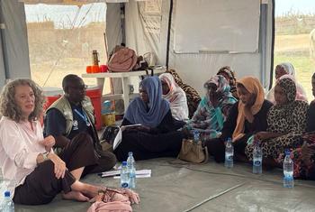 التقت دينيس براون من UNOCHA بمجموعة من النساء في خيمة في تاويلا، شمال دارفور، السودان.