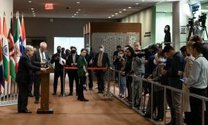 Secretary-General António Guterres briefs reporters at United Nations Headquarters in New York.