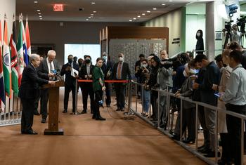 Secretary-General António Guterres briefs reporters at United Nations Headquarters in New York.