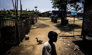 缅甸国内流离失所者中心的一名儿童。