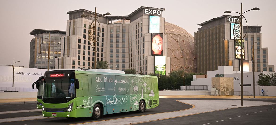 Shot of a 100% electric bus near Expo City in Dubai, United Arab Emirates, during the COP28 UN Climate Change Conference in 2023..
