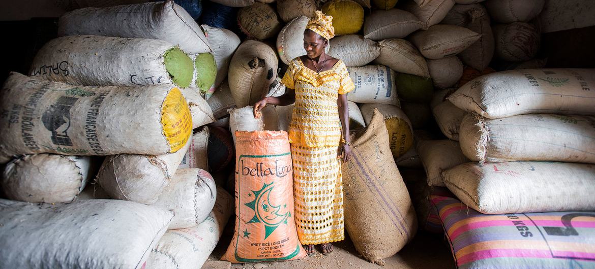 Uma agricultora em frente a sacos de sementes armazenados em um armazém em um centro de agronegócios em Serra Leoa