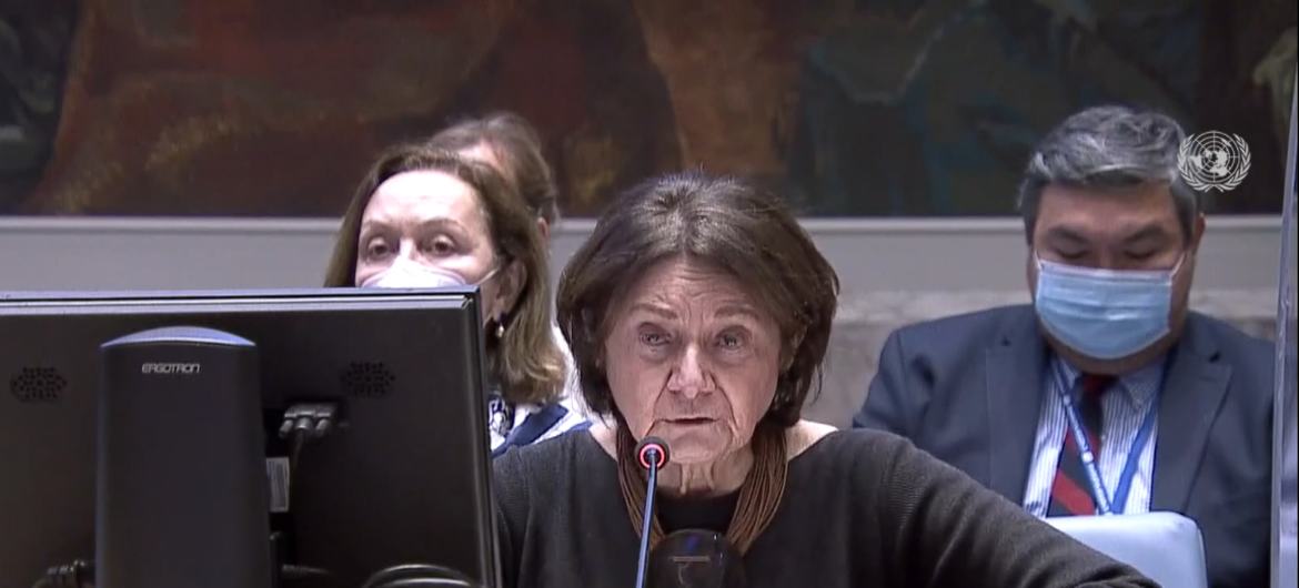 La cheffe des affaires politiques de l'ONU, Rosemary DiCarlo, lors d'une réunion du Conseil de sécurité sur l'Ukraine (photo d'archives).