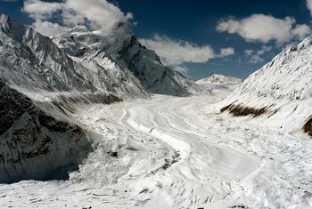 A mountain glacier that is shrinking due to rising temperatures and less snowfall at the Kargil District, India.