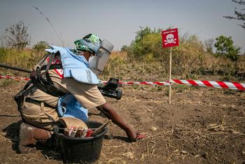 Un trabajador de UNMAS detecta una mina antitanque, en el estado de Equatoria Central, Sudán del Sur.