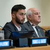 Basel Adra (left), Palestinian film director, delivers testimony during a meeting of the Committee on the Exercise of Inalienable Rights of the Palestinian People.