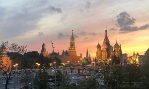 View of the Kremlin in central Moscow, at sunset.