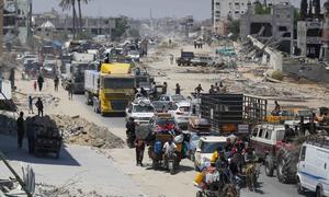 Palestinians in Khan Younis on the move after the latest Israeli evacuation orders. Around nine in 10 Gazans have been displaced at least once since the war began.