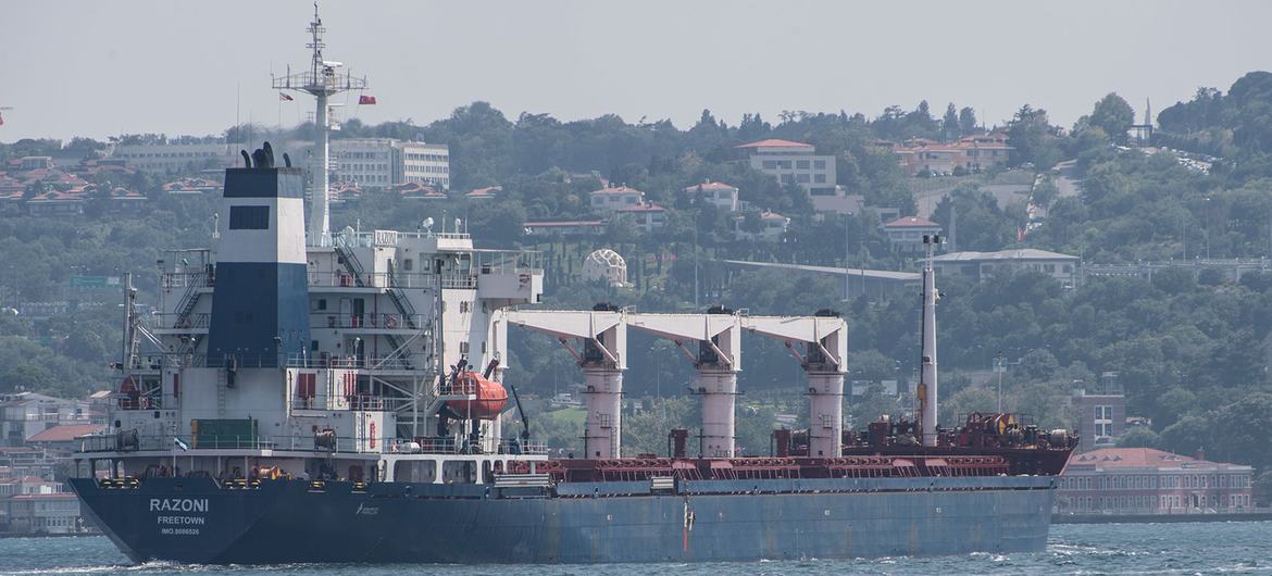 काला सागर अनाज निर्यात समझौते के तहत रवाना हुए प्रथम जहाज़ रज़ोनी, जेसीसी टीम के निरीक्षण के बाद, लेबनान में अपनी मंज़िल की तरफ़ बढ़ते हुए.