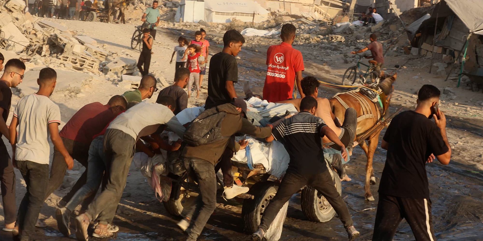 عربة تجرها الخيول تحمل أكثر من سبعة جثامين لفلسطينيين قُتلوا أثناء محاولتهم الحصول على المساعدات.