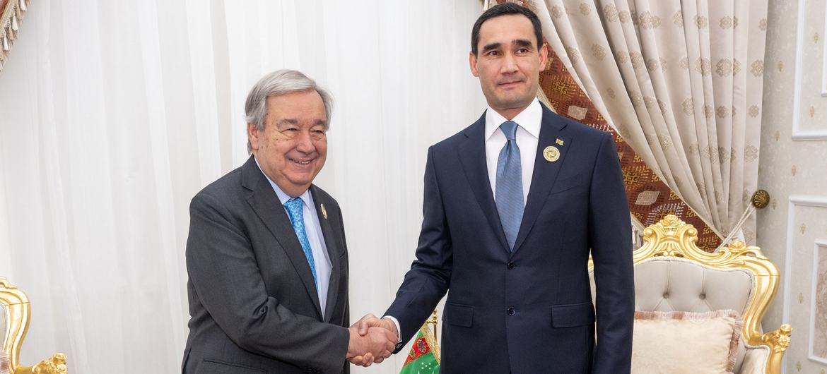 UN Secretary-General António Guterres (left) meets President Serdar Gurbangulyýewiç Berdimuhamedow of Turkmenistan, during his visit for the Third United Nations Conference on Landlocked Developing Countries being held in Awaza.