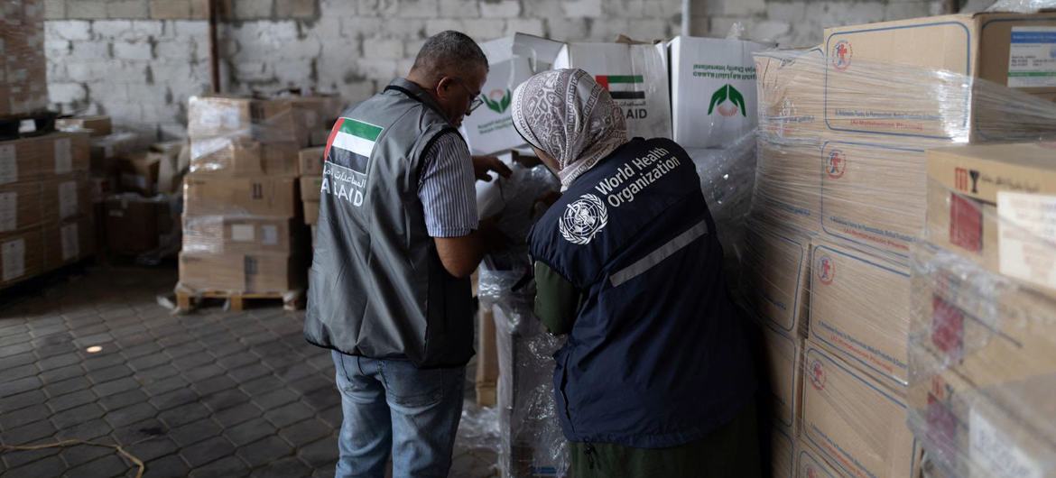 Health supplies are prepared for delivery in a warehouse in Gaza.