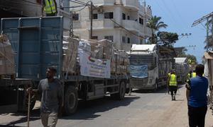 Camiones con suministros médicos llegaron a Gaza a principios de agosto.