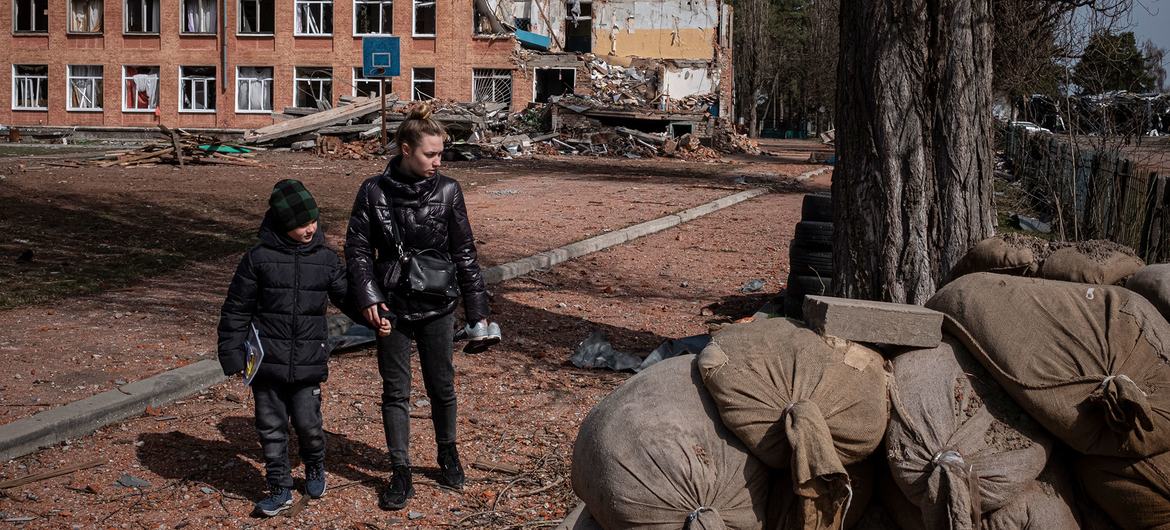 A school in  Chernihiv, Ukraine, which was struck during an aerial attack.