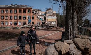 A school in  Chernihiv, Ukraine, which was struck during an aerial attack.