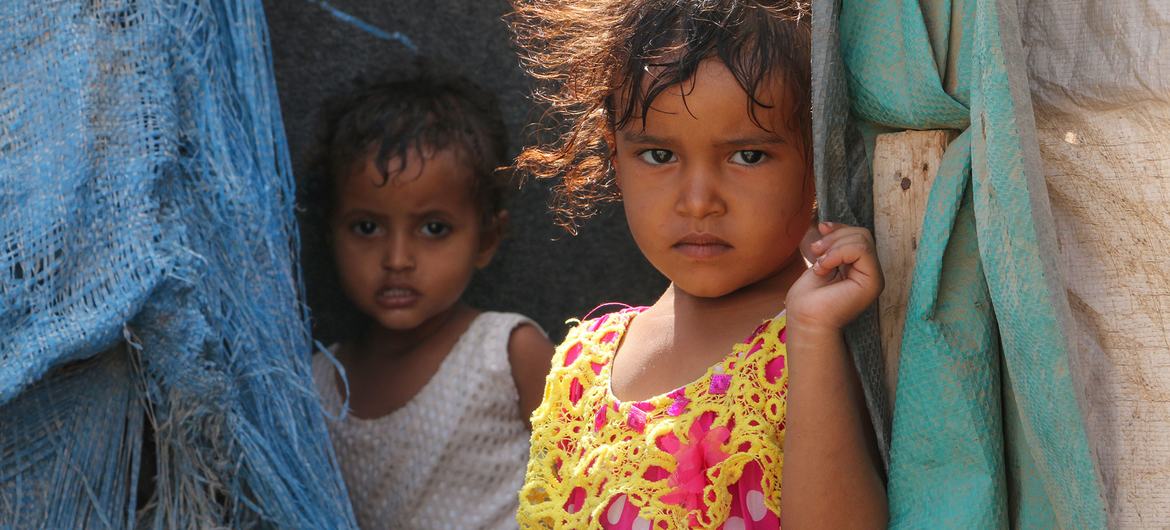 Displaced children living in a settlement in Aden City, Yemen.
