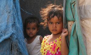 Displaced children living in a settlement in Aden City, Yemen.