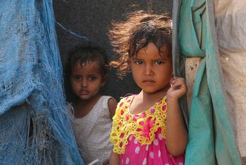 Displaced children living in a settlement in Aden City, Yemen.