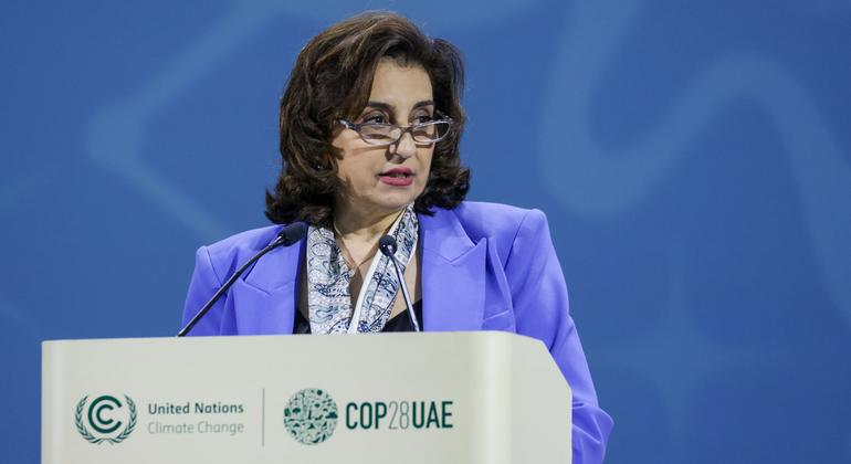 Sima Bahous, UN Women Executive Director speaks during High-Level Dialogue on Gender-Responsive Just Transitions & Climate Action at Al Waha Theater during the UN Climate Change Conference COP28 in Dubai, United Arab Emirates.