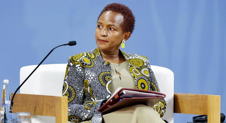 Joyce Msuya, UN deputy emergency relief coordinato, onstage at the Accelerating Climate Action session during the UN Climate Change Conference (COP28), in Dubai, United Arab Emirates.
