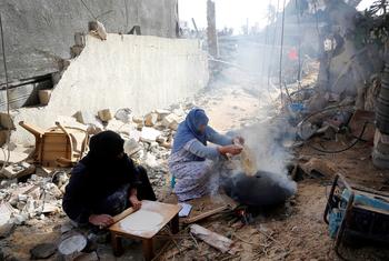 Women bake bread surrounded by destroyed buildings in Khan Yunis, Gaza during the  humanitarian pause in November.