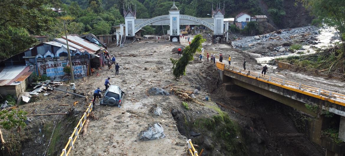 Bridges and access roads swept away by a landslide in West Sumatra, Indonesia.