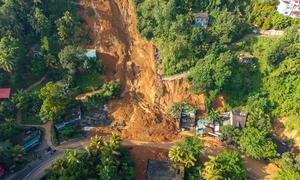 Cyclone Ditwah triggered landslides in several parts of Sri Lanka, destroying roads and cutting off towns and villages. Pictured here, destroyed houses and shops in Uthuwankanda.
