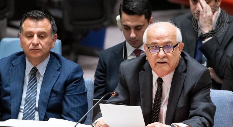 السفير الفلسطيني، رياض منصور، يلقي كلمة أمام مجلس الأمن الدولي