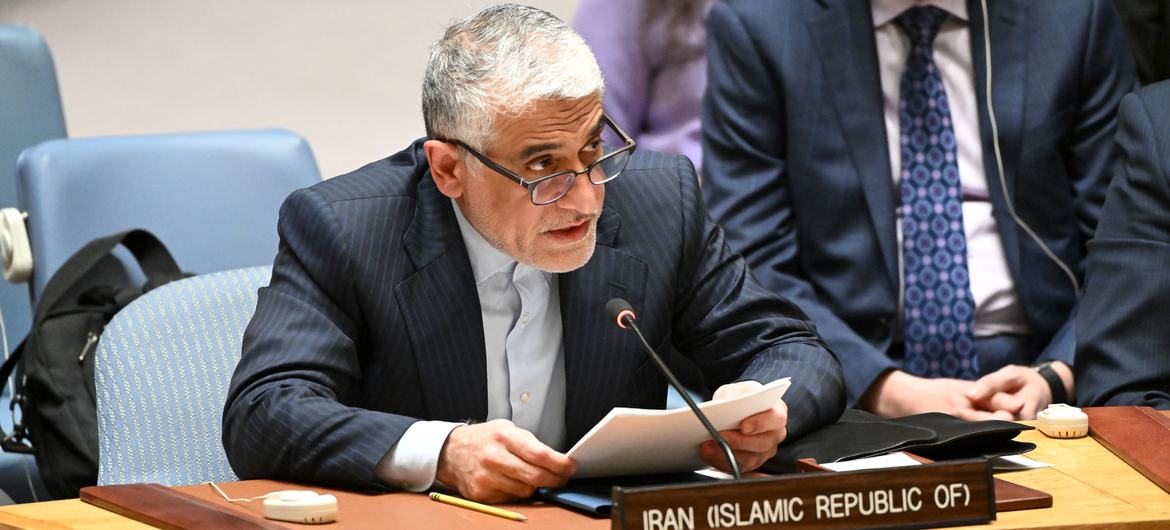Ambassador Amir Saeid Iravani of Iran addresses the Security Council meeting on threats to international peace and security.
