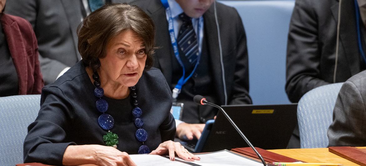 La secretaria general adjunta de Asuntos Políticos y Consolidación de la Paz, Rosemary DiCarlo, informa al Consejo de Seguridad sobre las amenazas a la paz y la seguridad internacionales.