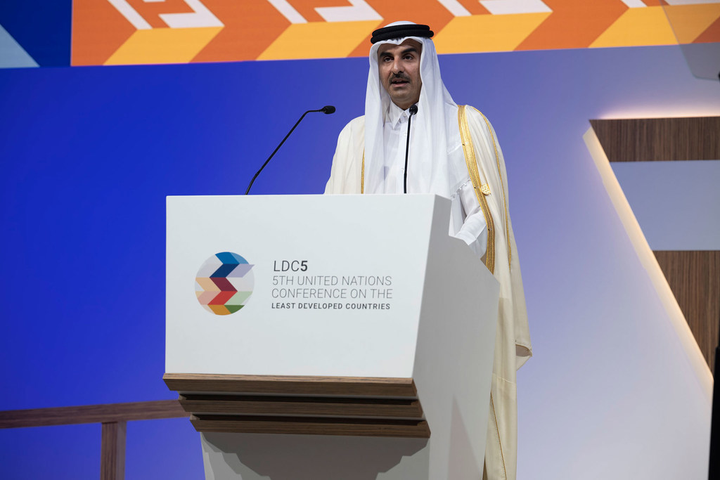 Cheikh Tamim bin Hamad Al Thani, émir du Qatar, prononce une allocution à la 5ème Conférence des Nations Unies sur les pays les moins avancés (LDC5), à Doha.