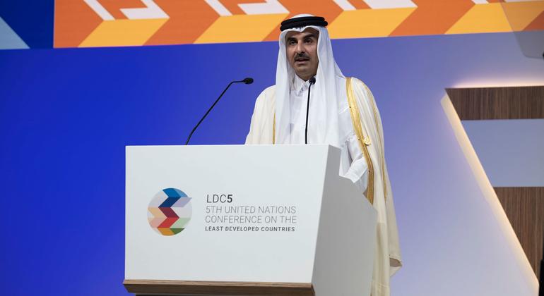 Sheikh Tamim bin Hamad Al Thani, Emir of Qatar, delivers remarks at the Fifth UN Conference on the Least Developed Countries (LDC5), in Doha.