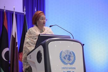 ائبة الأمين العام للأمم المتحدة، أمينة محمد تتحدث في افتتاح المنتدى العربي للتنمية المستدامة لعام 2024 في بيروت، لبنان.