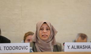 Yasmen Almashan, founding member of the Caesar Families Association and part of the Free Syria's Disappeared coalition, addresses the Human Rights Council meeting on transitional justice. 
