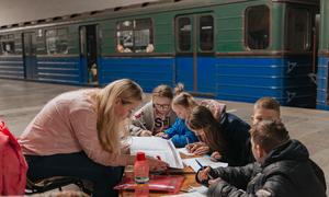 Children study in a shelter in Kharkiv metro in Ukraine.