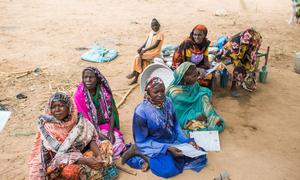 Women wait to be pre-registered by UNHCR staff at the Koufroun site in the Ouaddaï region of Chad. They all fled the town of Tindelti, a few hundred metres across the border in Sudan.