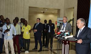 UN Secretary-General António Guterres speaks to reporters at a press conference in Bujumbura, Burundi.