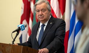 Secretary-General António Guterres holds a press conference at UN Headquarters in New York.