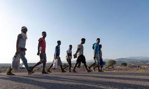 A group of young migrant men on the move in eastern Africa.