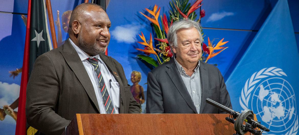 Prime Minister James Marape of Papua New Guinea addresses reporters at joint press encounter with Secretary-General António Guterres (right) in Port Moresby.